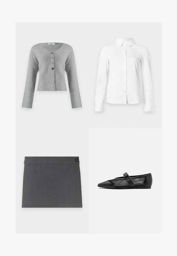 Cardigan gris court en matériau doux avec un col rond, doté de cinq boutons de différentes nuances de gris, et à manches longues.; Chemise blanche à manches longues avec boutons, col pointu, ourlet droit et silhouette ajustée, présentée sur un fond clair uni.; Jupe en tissu gris présentant une texture douce, un design droit et un unique bouton noir à la taille, avec une esthétique épurée et simple.; Chaussure plate noire avec un bout pointu, panneaux latéraux en maille et une sangle avec une boucle décorative. Fini lisse sur les sections du bout et du talon.