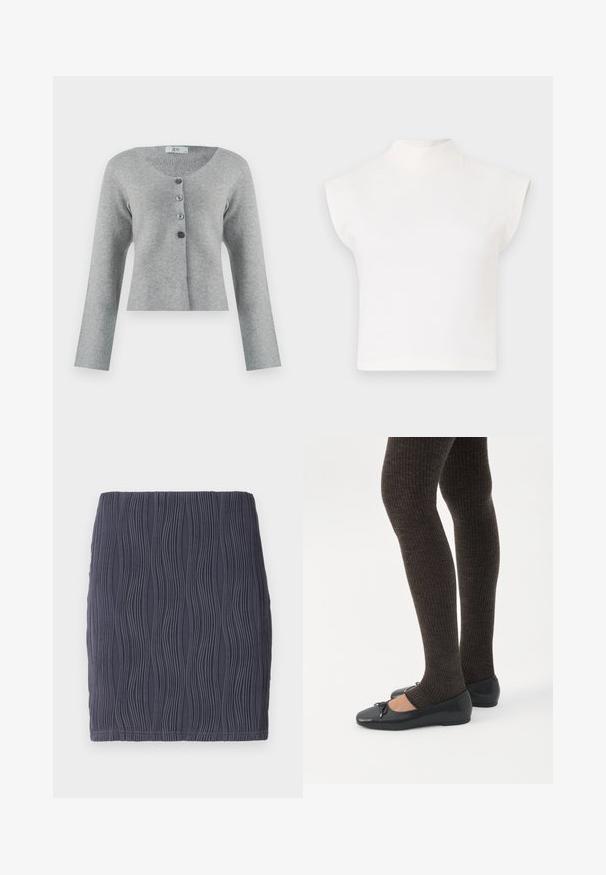 Cardigan gris court en matériau doux avec un col rond, doté de cinq boutons de différentes nuances de gris, et à manches longues.; Haut court blanc avec un col montant haut et des manches larges et angulaires. Fabriqué en tissu lisse, sans motifs ni embellissements visibles.; Mini jupe moulante gris foncé avec un motif texturé en vagues et une finition lisse. Conçue avec un ourlet simple et droit.; Jambes portant des leggings côtelés foncés associés à des ballerines noires avec de petits détails en nœud sur fond blanc.