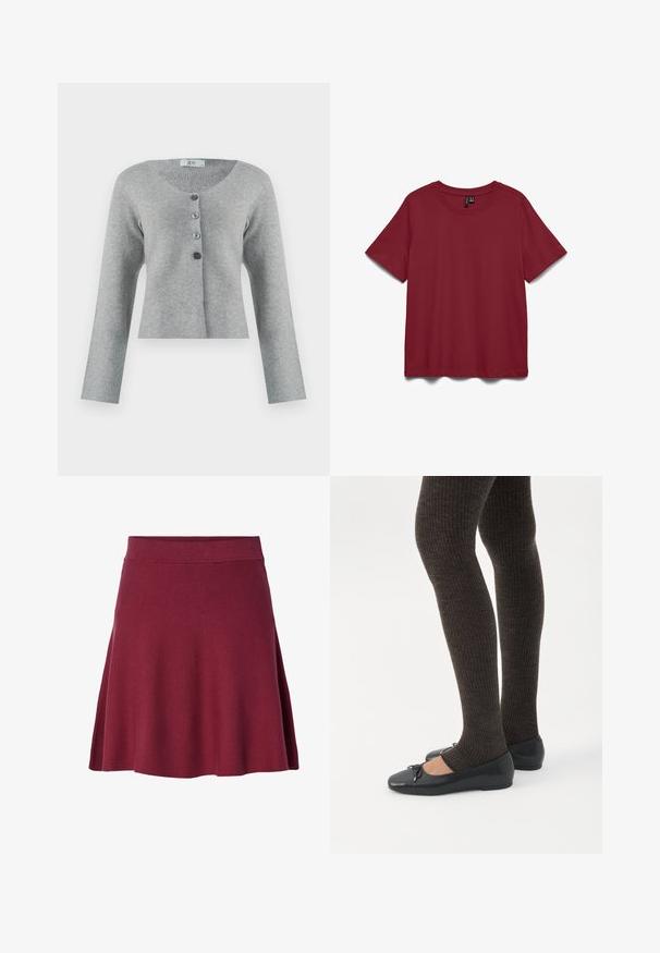 Grijze, korte cardigan van zacht materiaal met een ronde halslijn, voorzien van vijf knopen in verschillende grijstinten en lange mouwen.; T-shirt met korte mouwen en ronde hals in effen donkerrood, plat neergelegd op een witte achtergrond.; Bordeaux knielange rok van zacht, rekbaar materiaal; uitlopende stijl met een soepele tailleband en geen zichtbare sluitingen of patronen.; Benen met donkere geribbelde leggings gecombineerd met zwarte ballerina's met kleine strikdetails op een witte achtergrond.