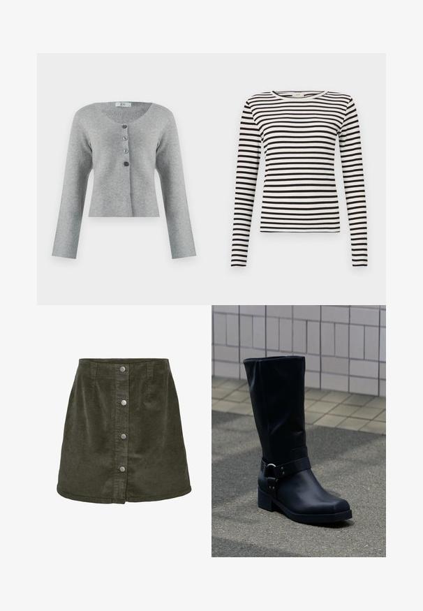 Grijze, korte cardigan van zacht materiaal met een ronde halslijn, voorzien van vijf knopen in verschillende grijstinten en lange mouwen.; Zwart-wit gestreepte lange mouwen shirt met een ronde hals en een aansluitende ribbelstructuur. Evenwichtige streepbreedte in het hele shirt.; Donkergroene corduroy mini-jurk in A-lijn vorm, met vijf zilveren knoopsluitingen aan de voorkant en verticale ribbelstructuur.; Zwarte leren kuitlaars met een lage blokhak en een decoratieve riem met metalen gesp rond de enkel, op een betegeld trottoir.