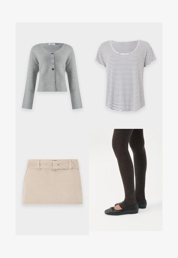 Cardigan gris court en matériau doux avec un col rond, doté de cinq boutons de différentes nuances de gris, et à manches longues.; T-shirt blanc à manches courtes avec de fines rayures horizontales noires et un col arrondi, présenté sur un fond blanc uni.; Abercrombie & Fitch BELTED MINI - Jupe en jean - beige; Jambes portant des leggings côtelés foncés associés à des ballerines noires avec de petits détails en nœud sur fond blanc.