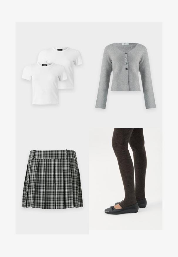 Grå cropped cardigan lavet af blødt materiale med en rund halsudskæring, der har fem knapper i varierende nuancer af grå, og lange ærmer.; To enkle hvide T-shirts med korte ærmer og rund hals med JJXX mærke-etiketter vist på en lys grå baggrund.; Sort-hvidt ternet plisseret nederdel med en glat talje og flere lodrette folder. Fremstillet af let stof.; Ben iført mørke ribbede leggings kombineret med sorte balletsko med små sløjfedetaljer på hvid baggrund.