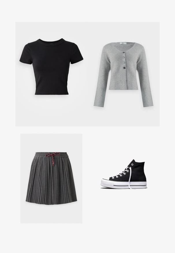 Grau geschnittene Strickjacke aus weichem Material mit Rundhalsausschnitt, ausgestattet mit fünf Knöpfen in verschiedenen Grautönen und langen Ärmeln.; Schwarzes, cropped T-Shirt aus festem Baumwollstoff, mit kurzen Ärmeln und rundem Halsauschnitt, das ein glattes und einfaches Design aufweist.; Dunkelgrauer plissierter Rock mit elastischem Bund und in der vorderen Mitte gebundener weinroter Kordel.; Schwarzer High-Top-Canvas-Sneaker mit weißer Gummisohle und weißen Schnürsenkeln, seitlich dargestellt vor weißem Hintergrund.