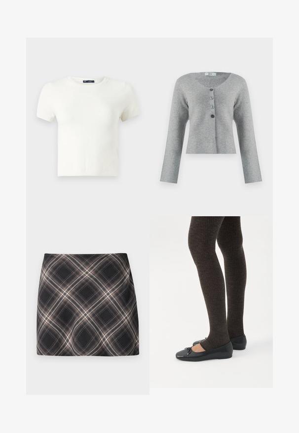 Cárdigan gris corto hecho de material suave con un cuello redondo, que presenta cinco botones en diferentes tonos de gris y mangas largas.; Camiseta blanca de manga corta fabricada con un material suave. Presenta un clásico diseño de cuello redondo y un ajuste slim, sin patrones ni acentos visibles.; Minifalda a cuadros en negro y beige con patrón de cuadros diagonal, cintura ajustada y textura de tela suave.; Piernas con leggings oscuros acanalados combinados con bailarinas negras que presentan pequeños detalles de lazo sobre un fondo blanco.