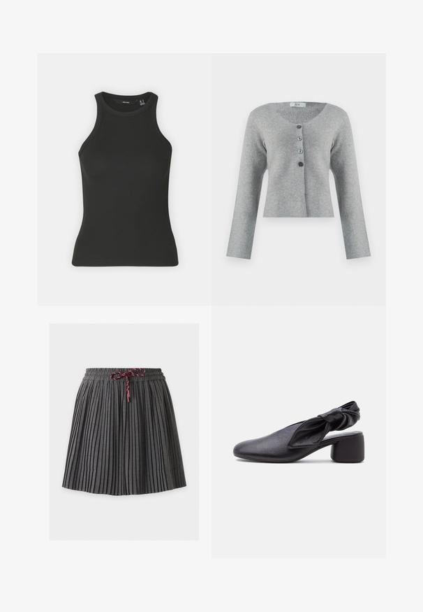 Cárdigan gris corto hecho de material suave con un cuello redondo, que presenta cinco botones en diferentes tonos de gris y mangas largas.; Top negro de canalé con escote alto y diseño sin mangas. Presenta una silueta ajustada y una textura suave.; Falda plisada gris oscuro con cintura elástica y cordón granate atado en el centro delantero.; Zapato slingback de cuero negro con puntera redondeada, detalle de tira anudada y tacón bajo y grueso sobre fondo blanco.