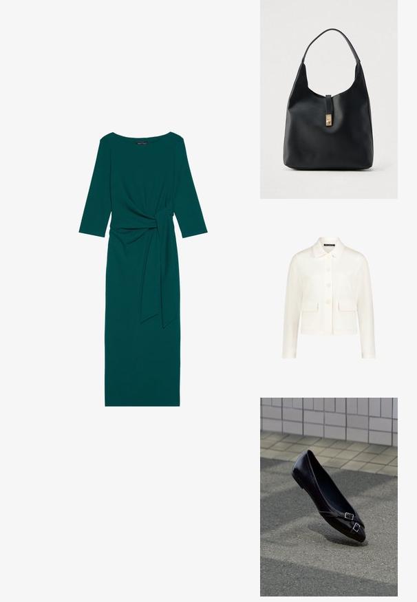 Witte textuur lange mouwen jas met een kraag, vier knopen aan de voorkant en twee klepzakken ter hoogte van de taille.; Teal lange mouw jurk met een ronde halslijn, geplooide taille en gestrikt riemdetail. Gemaakt van glad, rekbaar materiaal.; Zwarte spitse ballerina met twee kleine zilveren gespen zwevend boven asfalt bij een achtergrond van betegelde muur.; Zwarte leren hobo-tas met een gestructureerde afwerking, voorzien van een gouden sluiting en een enkele gebogen handgreep om over de schouder te dragen.