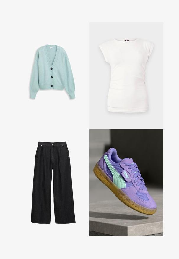 Lichtblauwe cropped cardigan van zacht materiaal, met een V-hals, lange mouwen en vier donkere knopen aan de voorkant.; Wit aansluitend T-shirt met korte mouwen en ronde hals op een effen achtergrond, met een lichte plooidetail aan de zijkant.; Zwarte denimbroek met wijduitlopende pijpen en een hoge taille, voorzien van een knoopsluiting aan de voorkant, twee zijzakken en subtiele stikseldetails.; Paarse suède en mesh sneaker met mintaccenten, vetersluiting en een gestructureerde gumzool. Bevat PUMA-branding aan de zijkant.