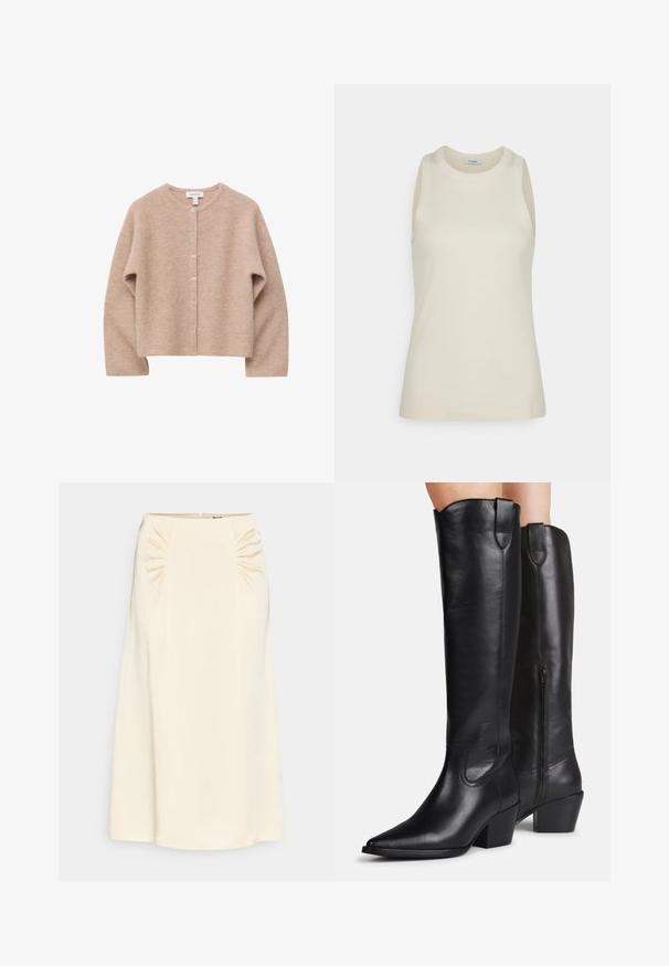 Beige cardigan med knapper, lange ærmer og rund halsudskæring, lavet af blødt, ribstrikket stof.; IVY OAK KLARA ANN - Top - almond milk; Cremefarvet midi-nederdel med samlet detaljer ved taljen og en glat, slank tekstur. Har en lynlås i siden til lukning.; Høje sorte læderstøvler med spidse tæer, blokhæle og sidelommer med lynlås, båret på ben mod en lys baggrund.