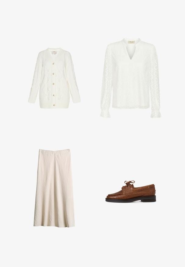 Cardigan blanc en tricot avec un col en V, une fermeture à boutons et un motif en losanges texturé agrémenté de pompons et de poignets côtelés.; Blouse blanche à manches longues avec un col en V, texture en losanges complexe et poignets à volants. Fabriquée en tissu léger.; Jupe crème, longueur au genou, en tissu texturé. Elle présente une large ceinture et une coupe évasée avec une silhouette fluide.; Chaussure habillée marron pour homme en cuir à lacets avec motif texturé peau de serpent et semelle foncée, vue de profil sur fond blanc.