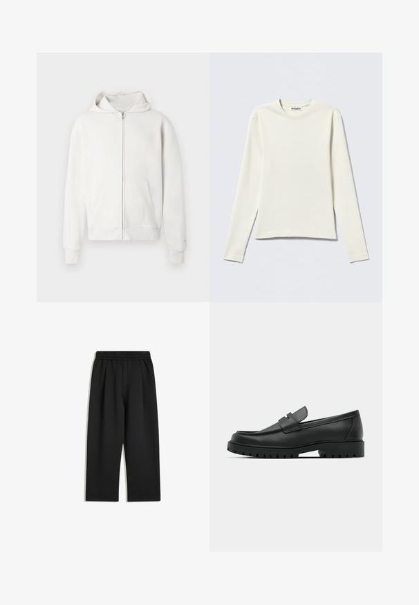 Witte zip-up hoodie van zacht materiaal, met een trekkoord kap, voorzakken en ribgebreide manchetten en zoom voor extra detail.; Langarm shirt van geribbelde, crèmekleurige stof met een ronde hals, plat gelegd op een lichte achtergrond, met een klein WEEKDAY merklabel.; Zwarte wijde broek met elastische tailleband en zijzakken, plat weergegeven op een witte achtergrond.; Zwarte leren instappers met een ronde neus, voorzien van een gestikt ontwerp, een lage platformzool en een gestructureerde, grof rubberen buitenzool.