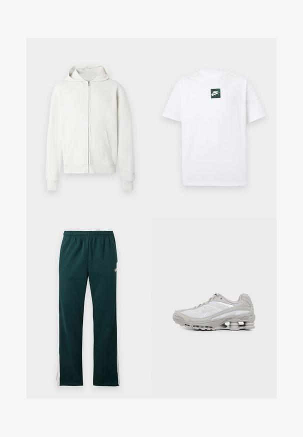 Hvid zip-up hoodie lavet af blødt stof, med en hætte med snoretræk, forlommer og ribstrik ved håndled og kant for ekstra detalje.; Hvid Nike T-shirt med korte ærmer og et lille grønt firkantet logo med Nike swoosh og tekst centreret på brystet.; Mørkegrønne sweatpants med elastisk hænger og hvide striber, der løber ned ad ydersiden af benene.; Grå og hvid atletiksko med synlig luftpolstret sål og mesh-paneler, vist i profil på en ensartet lys baggrund.