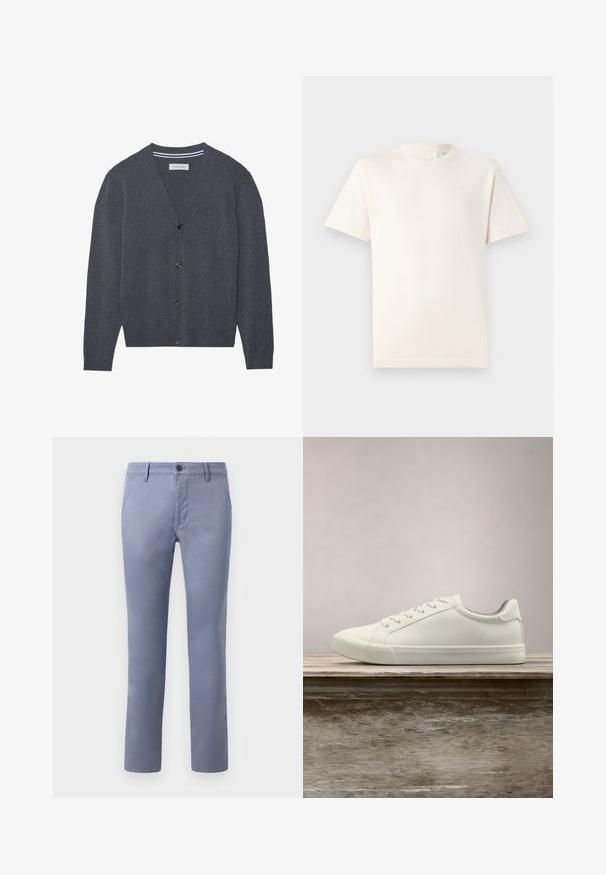 Kullerser grå cardigan lavet af tekstureret stof, med V-hals, seks knapper og en kontrasterende stribet inderskål.; TOM TAILOR BASIC CREW NECK - T-shirts basic - smooth light sand; Lyseblå bomulds-chinos i slim fit med knaplukning, bælteløkker og sidelommer, glat tekstur og lige ben.; Hvide snørresneakers svævende over en træbænk med grønne planter i baggrunden, der fremhæver skodesign og tekstur.