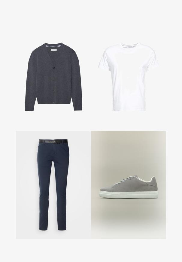 Cárdigan de color gris carbón hecho de tejido texturizado, con un escote en V, seis botones y un cuello interior a rayas en contraste.; Camiseta de algodón blanca con cuello redondo y mangas cortas, con un corte clásico y una textura suave. Sin patrones ni elementos metálicos visibles.; Pantalones de algodón azul marino con corte ajustado, que presentan un cinturón de cuero negro texturizado y bolsillos clásicos. Diseño limpio, sin patrones.; Zapatilla de ante gris con suela y cordones de goma blanca, con un diseño de corte bajo y textura suave. Estilo minimalista sin logotipos visibles.