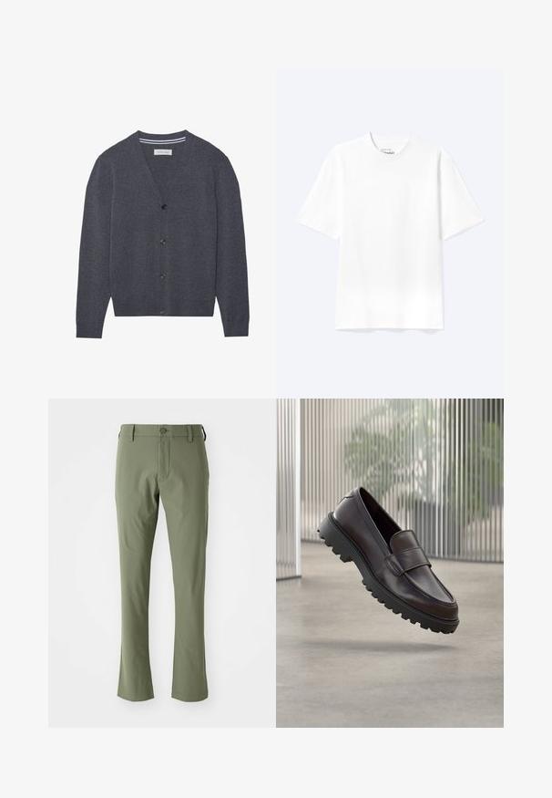 Kullerser grå cardigan lavet af tekstureret stof, med V-hals, seks knapper og en kontrasterende stribet inderskål.; Enkel hvid T-shirt med korte ærmer og rund hals med afslappet pasform, vist på en lys baggrund.; Grønne skræddersyede bukser med slim fit, lavet af glat stof. Har en frontlynlås, knaplukning og lige sømme.; Brun lædersko uden snørebånd med rundet tå og solid sort gummisål. Har en dekorativ rem hen over vristen.