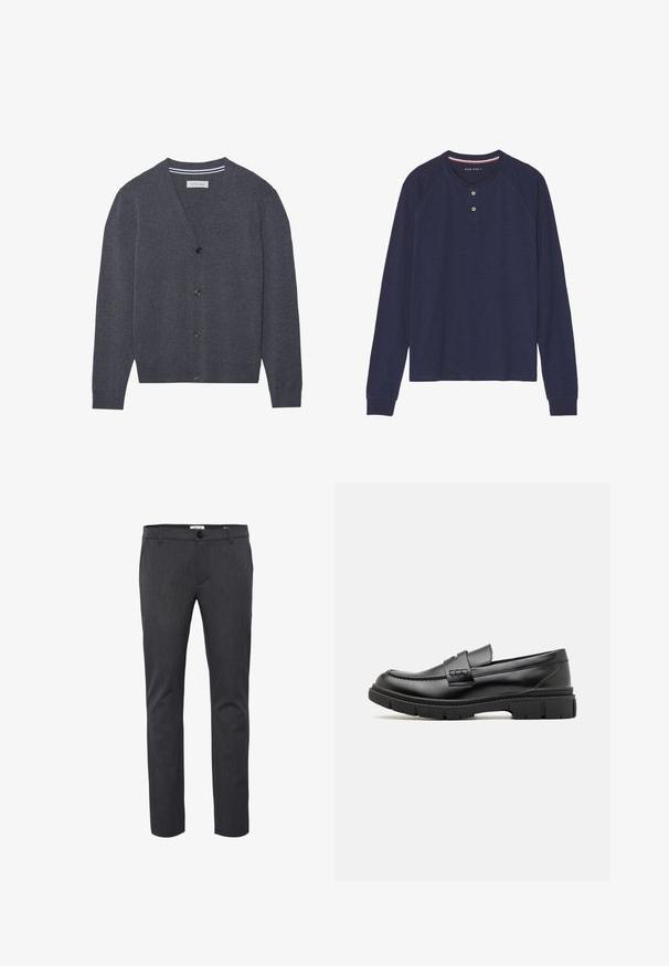 Kullerser grå cardigan lavet af tekstureret stof, med V-hals, seks knapper og en kontrasterende stribet inderskål.; Langærmet, mørkeblå henley-shirt med rund halsudskæring, to-knaps lukning og ribbede ærmekanter. Blød tekstur, afslappet design.; Mørkegrå slim-fit bukser lavet af tekstureret stof, med knaplukning, bæltestropper og sidelommer til praktisk brug.; Sort læder loafersko med en bred rem over forfoden, gummisål med tykke mønstre og glat overflade. Klassisk, slankt design.