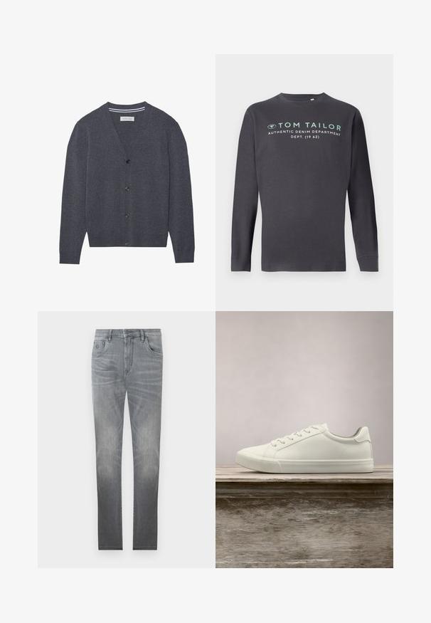 Kardigan in Anthrazit, aus strukturiertem Stoff gefertigt, mit V-Ausschnitt, sechs Knöpfen und einem kontrastierenden gestreiften Innenkragen.; TOM TAILOR PRINTED - Langarmshirt - tarmac grey; Graue Jeans aus Denim mit einem ausgebleichten Design, fünf Taschen, Knopfverschluss und geradem Schnitt. Sanfte Textur mit leichtem Verschleiß an den Kanten.; Weiße Schnürsneaker, die über einer Holzbank mit grünem Laub im Hintergrund schweben und das Schuhdesign sowie die Textur zeigen.