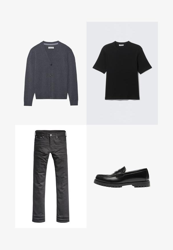 Cardigan gris charbon en tissu texturé, présentant un col en V, six boutons et un col intérieur rayé contrastant.; T-shirt noir à manches courtes avec col rond, portant une étiquette "WEEKDAY" à l'intérieur du col, présenté à plat sur un fond clair.; Jeans en denim noir avec un design classique à jambes droites. Comprend des poches avant, une fermeture à bouton et des détails de couture subtils.; Mocassin en cuir noir avec une semelle en caoutchouc épaisse et un détail classique de bride à monnaie, vu de côté extérieur.