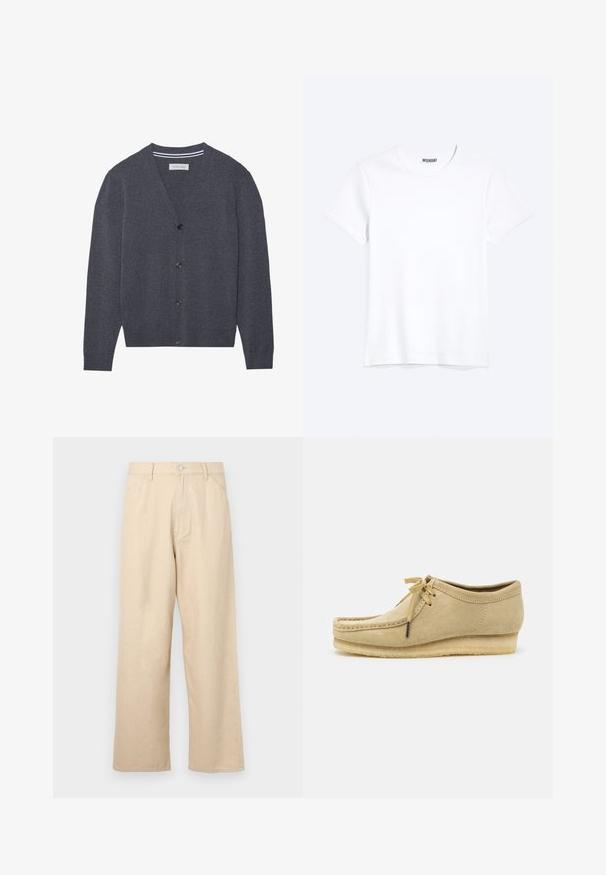 Kullerser grå cardigan lavet af tekstureret stof, med V-hals, seks knapper og en kontrasterende stribet inderskål.; Enkelt hvid T-shirt med korte ærmer og rund hals med synligt WEEKDAY-mærke i kraven, vist på en lys baggrund.; Beige bredde benbukser lavet af denim med en tekstureret finish, der har en frontlukning med knap og klassisk femlomme-design.; Beige suedestøvle med snørebåndsdesign, syede detaljer og gummisål. Formen er afslappet med en let hæl.
