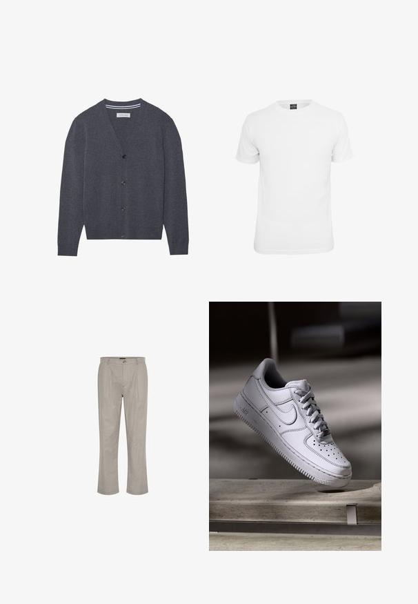 Cardigan gris charbon en tissu texturé, présentant un col en V, six boutons et un col intérieur rayé contrastant.; T-shirt blanche à manches courtes, en coton, avec un col rond et une texture lisse, conçue pour un usage décontracté.; Pantalons en lin gris clair avec une coupe droite, présentant une fermeture à un bouton et deux plis à l'avant pour plus de détails.; La basket Nike Air Force 1 en cuir blanc présente un embout perforé, des lacets plats et une semelle en caoutchouc texturée avec le logo « AIR » sur le côté.