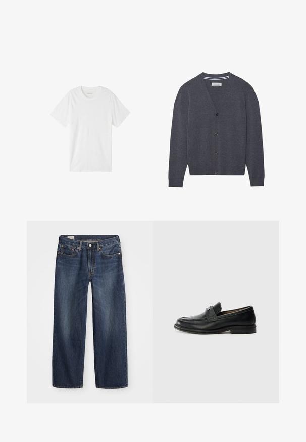 Cárdigan de color gris carbón hecho de tejido texturizado, con un escote en V, seis botones y un cuello interior a rayas en contraste.; Camiseta blanca de manga corta hecha de algodón suave. Presenta un cuello redondo clásico y un diseño simple y sin costuras, sin patrones ni acentos.; Jeans de mezclilla azul oscuro con corte recto, diseño de cinco bolsillos, cierre de botón metálico y cremallera, y patrones sutiles de desgaste.; Mocasines de cuero negro con un acabado suave, que presentan una banda superior texturizada, tacón bajo y detalles de costura mínimos.
