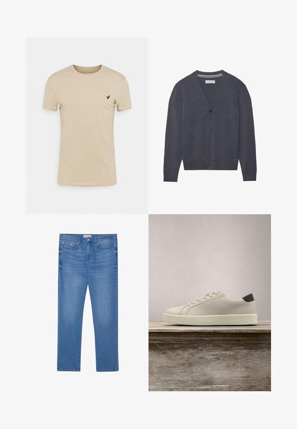 Charcoal grijze cardi gemaakt van textuurstof, met een V-hals, zes knopen en een contrasterende gestreepte binnenkraag.; Beige T-shirt met korte mouwen, gemaakt van zachte stof, met een ronde halslijn en een klein zwart vogellogo op de linkerkant van de borst.; Lichtblauwe spijkerbroek met een rechte pijp, vijf zakken, subtiele vervaging en metalen accenten op de taille en zakken.; Witte sneaker met gestructureerde zool en zwarte hieldetails, zwevend boven een houten bank met hoge groene graspluimen op de achtergrond.