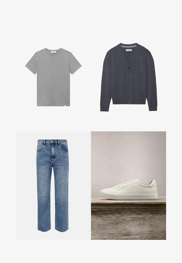 Cardigan gris charbon en tissu texturé, présentant un col en V, six boutons et un col intérieur rayé contrastant.; T-shirt gris à manches courtes en tissu mélangé de coton. Il présente un col rond et un petit logo sur le côté avant gauche.; Jeans en denim bleu coupe droite avec poches avant, passants pour ceinture, fermeture par bouton et délavage effet usé.; Sneaker en dentelle blanche flottant au-dessus d'un banc en bois avec un feuillage vert en arrière-plan, mettant en valeur le design et la texture de la chaussure.