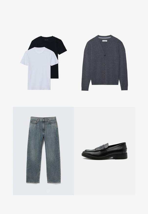 Kullerser grå cardigan lavet af tekstureret stof, med V-hals, seks knapper og en kontrasterende stribet inderskål.; To kortærmede t-shirts med rund hals, en sort og en hvid, lavet af blødt bomuldsstof med ribbet struktur. Klassisk pasform design.; Blå straight-fit denimjeans med for- og baglommer, bæltestropper og knaplukning, vist fladt på hvid baggrund.; Sort læder herre loafers med kvast detalje, rundet tå, lav hæl og glat poleret finish, vist fra siden på hvid baggrund.