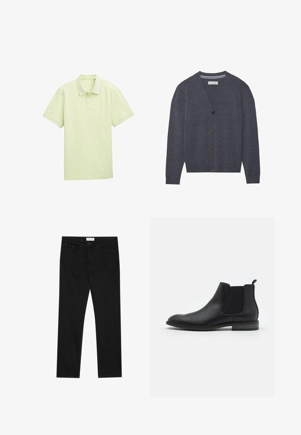Kullerser grå cardigan lavet af tekstureret stof, med V-hals, seks knapper og en kontrasterende stribet inderskål.; Lys grøn polo shirt, korte ærmer, blødt stof, to-knappers lukning, hvid stribe-detaljering på krave og ærmekanter. Simpelt logo foran.; Sorte lige ben jeans med fem-lomme design, knap- og lynlåslukning samt et Pier One mærkeetiket på taljen.; Sort læder Chelsea støvle med elastiske sidelapper, rund tå og trækflap, der har en lav blokhælt og glat overflade.