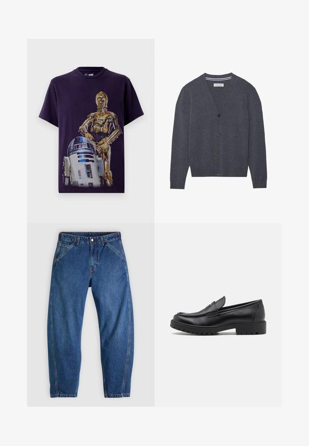 Cardigan gris charbon en tissu texturé, présentant un col en V, six boutons et un col intérieur rayé contrastant.; T-shirt en coton noir avec un design graphique de C-3PO et R2-D2 de Star Wars. Col rond, manches courtes, coupe décontractée.; Jean en denim bleu à coupe décontractée, doté d'une fermeture à boutons, de cinq poches et de surpiqûres orange contrastantes. Texture lisse sur toute la surface.; Mocassins en cuir noir avec un bout arrondi, un design à enfiler et une semelle en caoutchouc épaisse avec une texture antidérapante. Talon surélevé et détails de surpiqûre subtils.