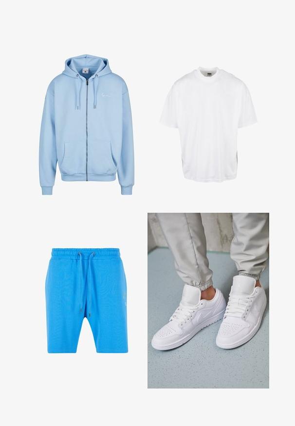 Lys blå zip-up hoodie lavet af blødt stof. Har en hætte, frontlommer, ribbede manchetter og kant. Subtil logo detaljer på brystet.; Hvid bomulds T-shirt med en afslappet pasform, korte ærmer og rund halsudskæring, med en lige kant og ingen synlige grafikker eller mønstre.; Blå bomuldsshorts med elastisk talje, snorelukning og diskret grafikdetalje på siden. Glat tekstur og afslappet pasform.; Hvide lædersneakers har en perforeret tåboks, flade snørebånd, polstret krave og Jordan-logoet på tungen. Båret med grå joggers.