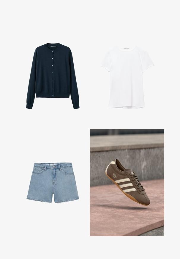Cardigan bleu marine en tissu tricoté, avec un col rond, des manches longues et une fermeture à boutons sur le devant. Texture lisse.; T-shirt blanc à manches courtes en tissu lisse, avec un col rond et de subtils détails de couture à l'ourlet.; Shorts en denim bleu clair avec une taille haute, quatre poches et une fermeture à bouton. Dispose d'une coupe droite classique et d'un ourlet effiloché.; Baskets en daim marron avec des rayures blanches et un logo, dotées d'un bout rond et d'une semelle en caoutchouc gomme, suspendues au-dessus d'une surface texturée.