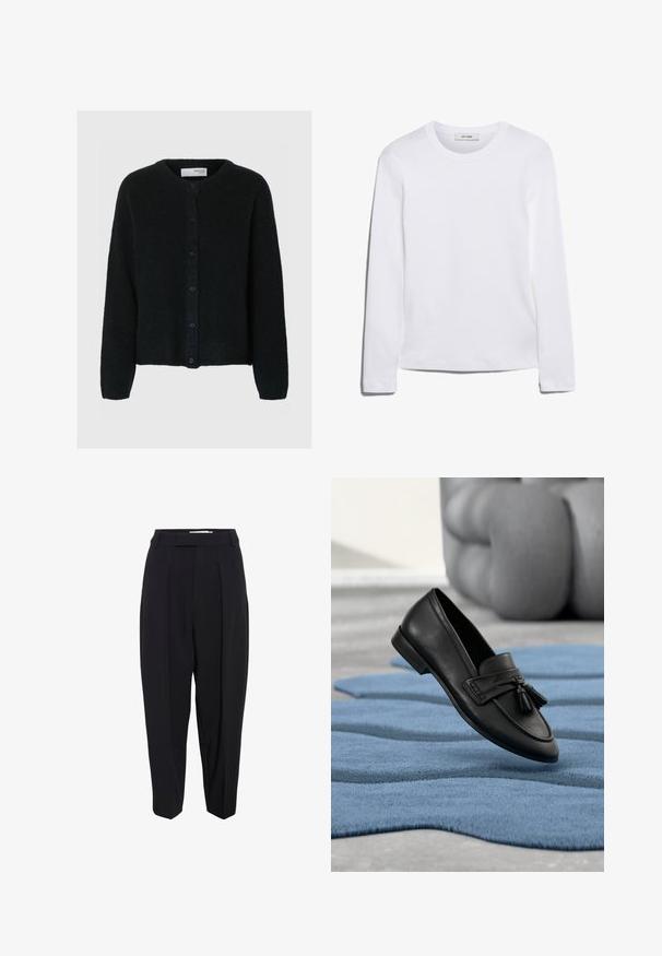 Mørkegrøn cardigan lavet af tekstureret materiale, med rund halsudskæring, lange ærmer og seks knappelukninger foran.; Langærmet hvid T-shirt lavet af ribbet bomuld, med rund halsudskæring og lige kant. Simpelt design uden mønstre eller accenter.; Sorte skræddersyede bukser med høj talje, der har læg og en cropped, tapered buksdesign. Glat stof med en mat overflade.; Sort læder tassel loafer sko, der svæver over et struktureret blåt tæppe med en grå polstret stol i baggrunden.