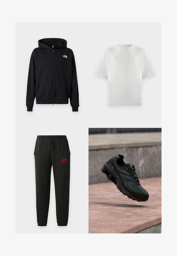 Sort zip-up hættetrøje med foret hætte, sidelommer, ribbede manchetter og kant, der har et hvidt logo på venstre bryst. Glat stofoverflade.; Hvid bomulds t-shirt med korte ærmer, rund hals og diskret logo trykt i lys grå på brystet; glat tekstur og afslappet pasform.; Sorte sweatpants med elastisk talje og manchetter, sidelommer og rødt Umbro-logo på venstre lår.; Sort atletisk sneaker med synligt luftdæmpende mellemsål, der svæver over en pink stenoverflade med en grå stenvæg i baggrunden.