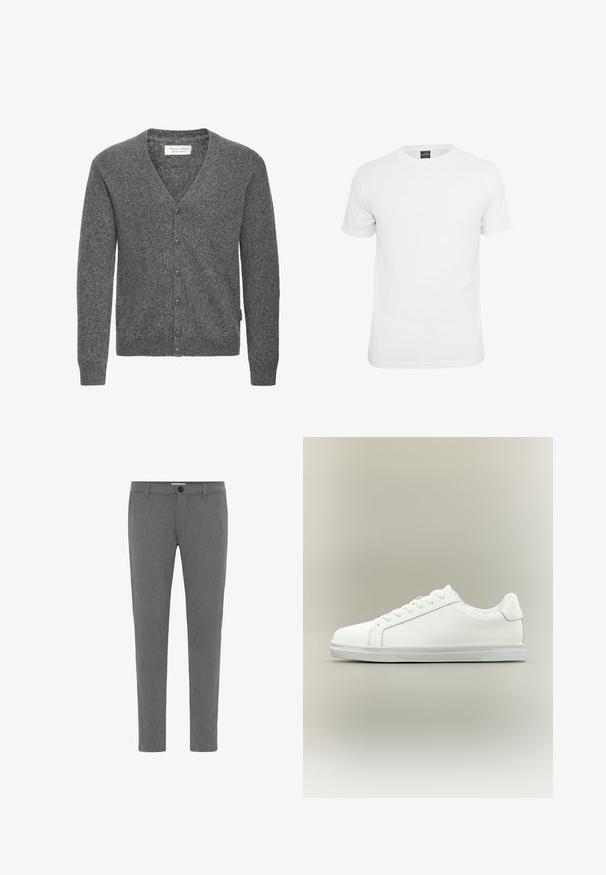 Mørkegrå strikket cardigan med V-hals og seks knapper foran, lange ærmer samt ribkant ved ærmer og bund.; Hvid kortærmet t-shirt, lavet af bomuld, med en klassisk rund hals og en glat tekstur, designet til afslappet brug.; Grå skræddersyede bukser lavet af struktureret stof, med en standard talje med bæltestropper, lynlåsfront og enkelt knappelukning.; Lavtop hvid sneaker med snørelukning foran og tekstureret gummisål mod en ensartet neutral baggrund.
