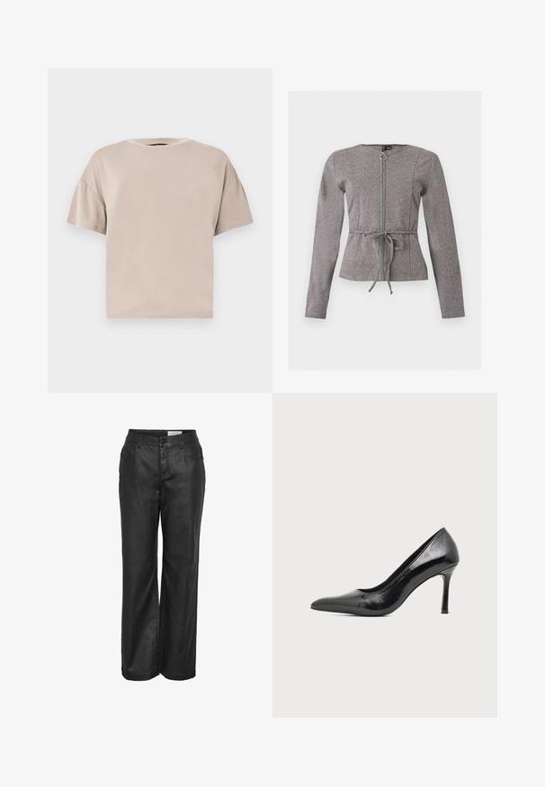 Veste grise à manches longues avec fermeture éclair frontale et lien à la taille, présentant un motif chevron discret et un col rond.; T-shirt beige en coton, à manches courtes, oversize, avec col rond et ourlet droit, sur un fond clair uni.; Pantalon en cuir noir taille haute avec fermeture à boutons, poches avant, et jambes larges droites.; Chaussure à talon haut pour femme en cuir verni noir avec bout pointu et talon fin sur fond clair uni.