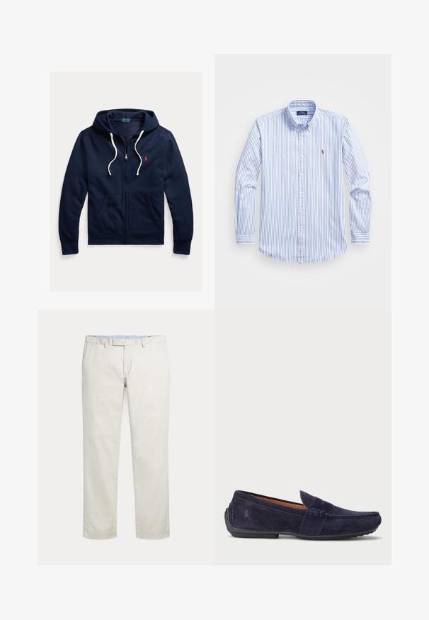 Marineblauwe hoodie met rits, witte trekkoorden, voorzakken en klein rood Polo Ralph Lauren-logo op de linkerborst.; Lichtblauw met wit gestreept overhemd met knopen, voorzien van een kraag, lange mouwen en een klein logo op de borst. Gemaakt van katoen.; Rechte broeken in roomkleur met riemlussen en een verborgen voorsluiting op een effen achtergrond.; Marineblauwe suède mocassinschoen met een gestikt ontwerp, een ronde neus en een textuur rubberen zool. Beschikt over een subtiel logo aan de zijkant.