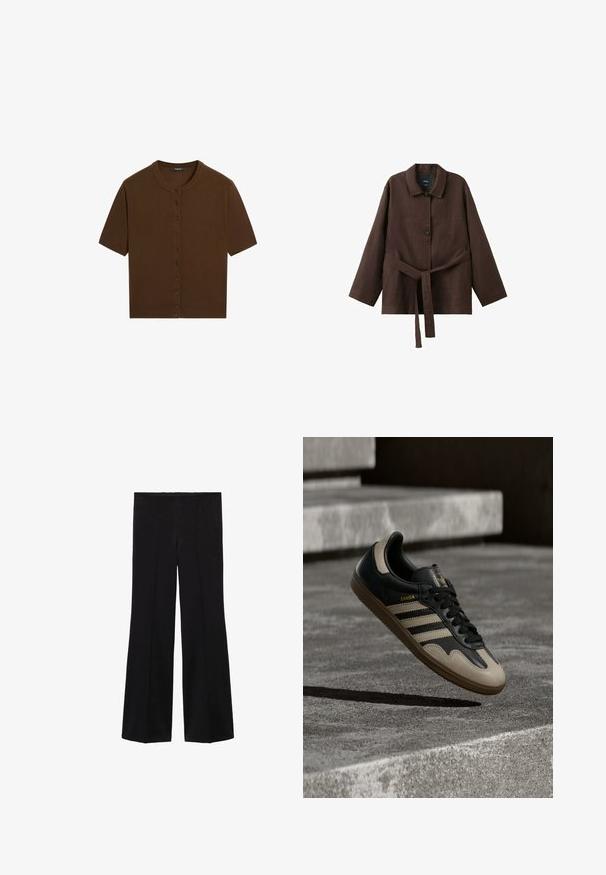 Brun kortærmet strikket cardigan med rund hals og knaplukning foran, lagt fladt på en hvid baggrund.; Mørkebrun langærmet jakke med krave, to knapper og et matchende bælte i stof bundet om taljen.; Sorte højtaljede bukser med brede ben og for- søm detaljer, lavet af et glat stof.; Sort og beige lædersneaker med tre hvide striber, tanfarvet gummisål og gyldent "Samba"-detalje på siden.