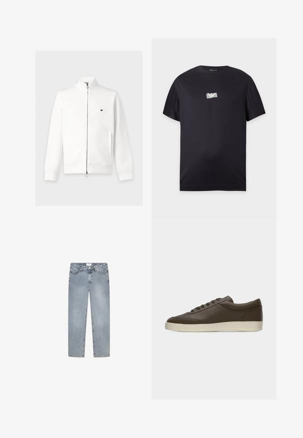 Hvid langærmet lynlåstrøje med ståkrave, sidelommer, ribmanchetter og lille sort logo på venstre bryst.; Sort T-shirt med korte ærmer med en lille lyseblå rektangel og hvid ørnelogo centreret på brystet.; Lyseblå denimjeans med lige pasform, fem-pocket design, knaplukning, subtilt slid og syet detaljer langs lommerne.; Low-top mørkebrun lædersneaker med snørelukning foran og cremefarvet gummisål, vist fra ydersiden mod hvid baggrund.