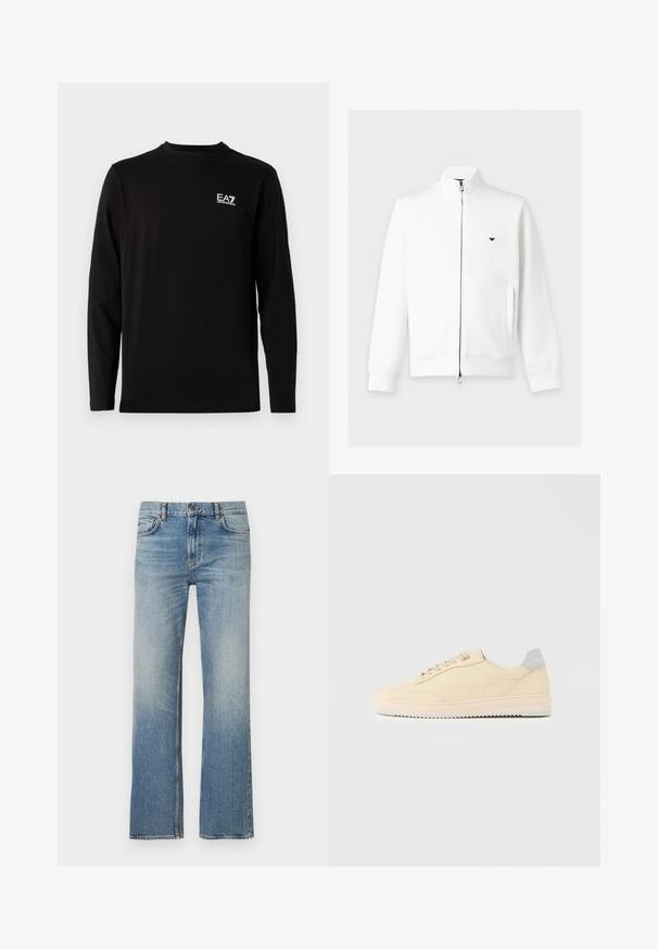 Witte jas met lange mouwen en ritssluiting, opstaande kraag, zijzakken, geribde manchetten en klein zwart logo op de linkerborst.; Zwarte lange mouwen shirt gemaakt van zacht materiaal. Bevat een klein wit logo op de linkerkant van de borst. Eenvoudige, ronde halslijn en rechte snit.; Lichtblauwe spijkerbroek met een rechte pijp, voorzien van een vervaagde finish, klassiek ontwerp met vijf zakken en contrasterende stiksels.; Beige lage sneaker met veters aan de voorkant, lichtroze zool en een grijze hieltab met het merk "Filling Pieces", zijaanzicht op een effen achtergrond.