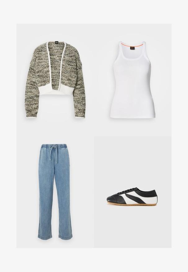 Gekürzter Cardigan aus strukturiertem Strick mit einer Mischung aus Beige- und Brauntönen. Verfügt über weiße gerippte Bündchen und ein offenes Frontdesign.; Weißes, geripptes Tanktop mit rundem Ausschnitt, das ein schmales Trägerdesign und einen orangefarbenen Akzent entlang des inneren Ausschnitts aufweist. Markenlogo sichtbar.; Helle blaue Jeans mit elastischem Bund, Kordelzug und aufgerollten Säumen. Gerades Bein mit lässiger Passform.; Schwarz-weißer Sneaker mit geschwungenem Design, aus Leder, mit einer strukturierten schwarzen Zehenkappe und einer Sohle aus Gummimischung. Schnürverschluss.