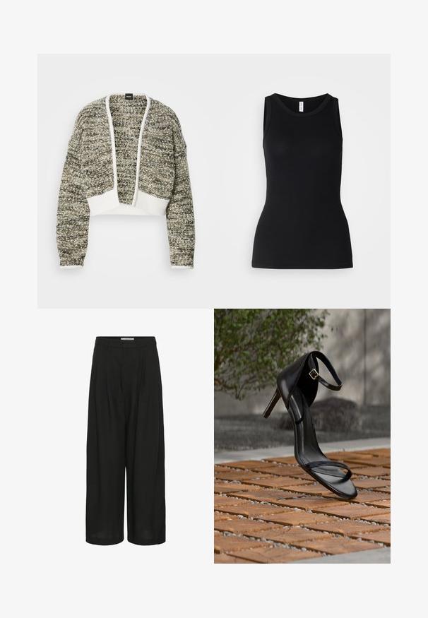 Cardigan raccourci en tricot texturé avec un mélange de tons beiges et bruns. Présente des poignets côtelés blancs et un design à l'avant ouvert.; Débardeur noir sans manches en tissu côtelé, avec un col rond et une coupe ajustée, à la texture douce et sans motifs.; Pantalon noir à jambes larges avec plis à l'avant, taille avec passants pour ceinture et détail de bouton latéral à la taille.; Sandale noire à talon haut avec sangle à la cheville, suspendue au-dessus d'un sol en carreaux de bois à l'extérieur, avec un arrière-plan flou de verdure et de pierre.