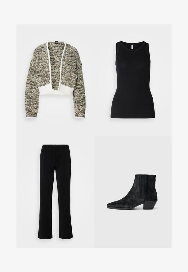 Kraftig cardigan i en tekstureret strik med en blanding af beige og brune nuancer. Har hvide ribbede manchetter og et åbent frontdesign.; Sort ærmeløs tanktop lavet af ribbet stof, med rund halsudskæring og tætsiddende design, med en glat overflade og uden mønstre.; Sorte bukser med flare-design, lavet af et glat stof. Har et elastisk bælte for komfort og en ren, enkel silhuet.; Sort ankelstøvle med spidse tæer, tekstureret håragtigt materiale, ribbet sidepanel og en lav, firkantet hæl. Simpelt og moderne design.