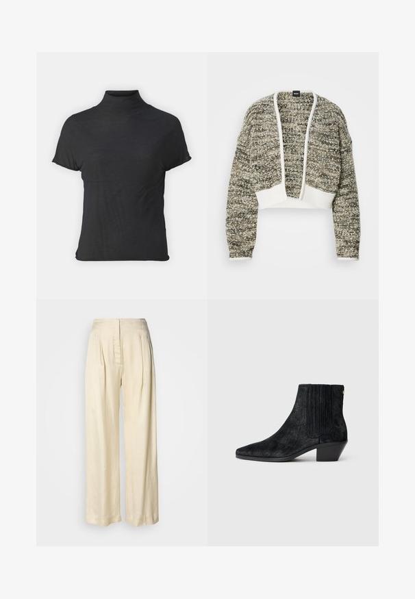 Gekürzter Cardigan aus strukturiertem Strick mit einer Mischung aus Beige- und Brauntönen. Verfügt über weiße gerippte Bündchen und ein offenes Frontdesign.; Schwarzes, kurzärmliges Turtleneck-Oberteil aus leichtem Stoff mit glatter Textur und figurbetonter Passform, ausgestattet mit einem hohen Kragen.; Hohe Taille, cremefarbene Seidenhose mit Falten, weitem Bein und einem versteckten Reißverschluss vorne vor schlichtem weißem Hintergrund.; Schwarze Knöchelstiefel mit spitzem Zehen, strukturiertem haarähnlichem Material, geripptem Seitenpaneel und niedrigem Blockabsatz. Schlichtes und modernes Design.