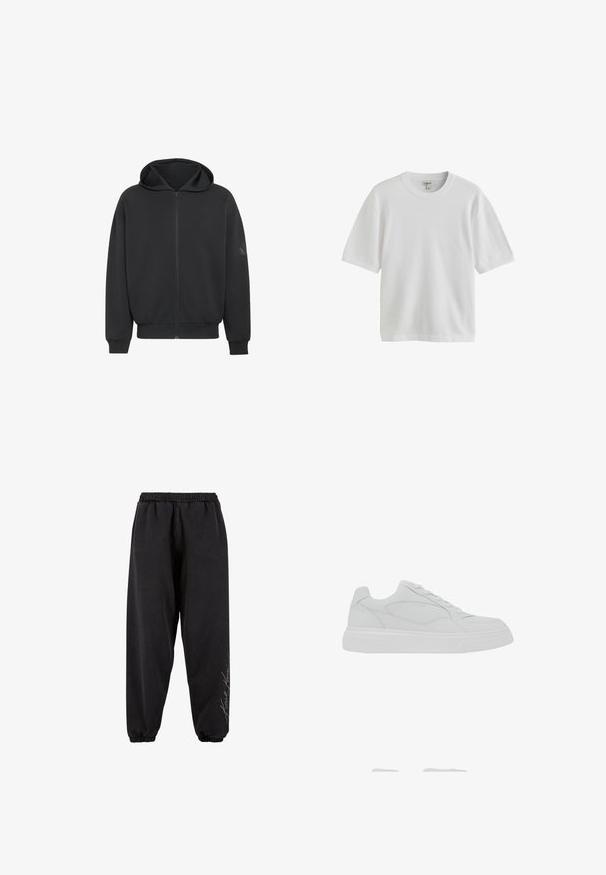 Sudadera negra con cremallera y capucha, mangas largas, puños y cinturilla acanalados, mostrada sobre un fondo blanco.; Camiseta blanca lisa de manga corta con cuello redondo, mostrada sobre un fondo blanco.; Pantalones de chándal negros hechos de una tela suave con una cintura elástica. Tobillos entallados y detalle de texto impreso en un lado. Corte casual y relajado.; Zapatilla deportiva blanca de corte bajo con cierre de cordones, parte superior de cuero liso y suela gruesa de goma, mostrada desde el lado exterior.