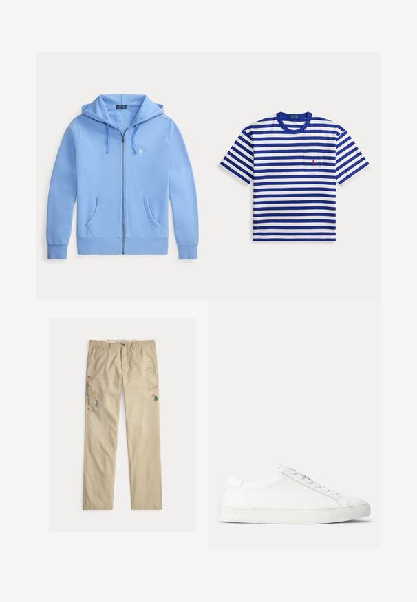 Hellblauer Hoodie mit Reißverschluss, Fronttaschen, Kordelzug an der Kapuze und kleinem weißen besticktem Logo auf der linken Brust.; Kurzärmeliges weiß-blau gestreiftes T-Shirt mit Rundhalsausschnitt und kleiner Brusttasche mit rotem Sticklogo.; Beige Baumwollhosen mit bestickten Motiven, darunter Bäume und Berge, mit Knopfverschluss und Gürtelschlaufen.; Weiße Leder-Sneaker mit glatter Textur, abgerundeter Form, flacher Gummisohle und weißen Schnürsenkeln. Verfügt über ein minimalistisches Design und dezente Markenkennzeichnung.