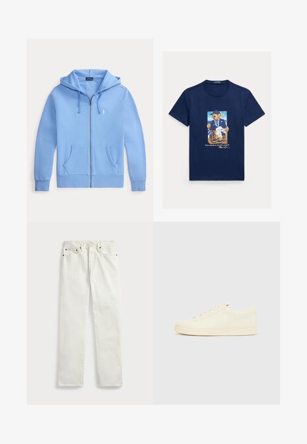 Hellblauer Hoodie mit Reißverschluss, Fronttaschen, Kordelzug an der Kapuze und kleinem weißen besticktem Logo auf der linken Brust.; Dunkelblaues T-Shirt mit einer Grafik eines Bären in gestreiftem Blazer, weißen Hosen und Mütze, der auf einem Stuhl auf einem Bootsdeck sitzt.; Weiße Denim-Jeans mit geradem Schnitt, ausgestattet mit fünf Taschen, Metallknöpfen und Ziernähten entlang der Nähte. Glatte Textur.; Cremefarbener Sneaker mit glattem Lederoberteil, abgerundeter Zehenpartie, Schnürung vorne und strukturierter Gummisohle. Minimalistisches Design, ohne Logos.