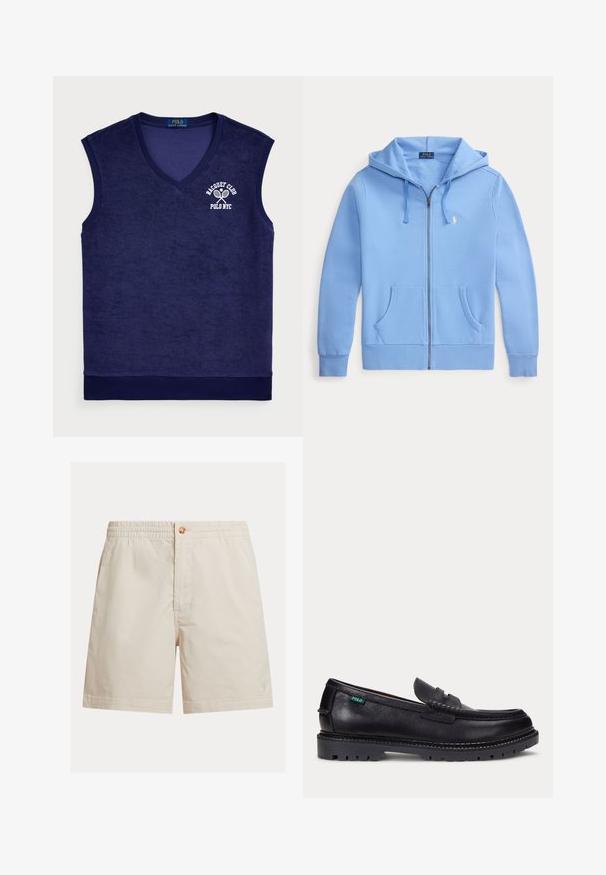 Sweat à capuche zippé bleu clair avec poches avant, cordon à la capuche et petit logo blanc brodé sur la poitrine gauche.; Polo sans manches bleu marine en tissu éponge ; présente un col en V, un col côtelé, et un logo blanc avec des raquettes de tennis.; Shorts pour hommes de couleur beige clair en mélange de coton, dotés d'une ceinture élastique, d'une fermeture par bouton et d'un logo unique près de l'ourlet.; Mocassin en cuir noir avec une semelle épaisse à crampons et une petite étiquette verte "Polo" sur le côté extérieur, près du talon.