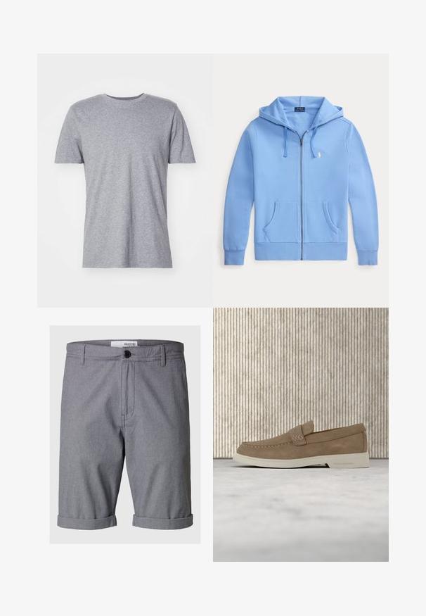 Svetlomodrá mikina na zips s prednými vreckami, kapucňou so sťahovacou šnúrkou a malým bielym vyšívaným logom na ľavej strane hrudníka.; Šedé, krátke tričko s krátkymi rukávmi vyrobené z bavlnenej zmesi, s klasickým okrúhlym výstrihom a hladkou, jemnou textúrou.; Šedé tkané šortky s textúrovaným povrchom, ktoré majú jednoduché zapínanie na gombík, dve bočné vrecká a prehnuté manžety pre uvoľnený vzhľad.; Béžový semišový mokasín s bielou podrážkou, so značkovým pásikom, vznášajúci sa nad textúrovaným béžovým kobercom, na pozadí hnedý zaoblený kus nábytku.