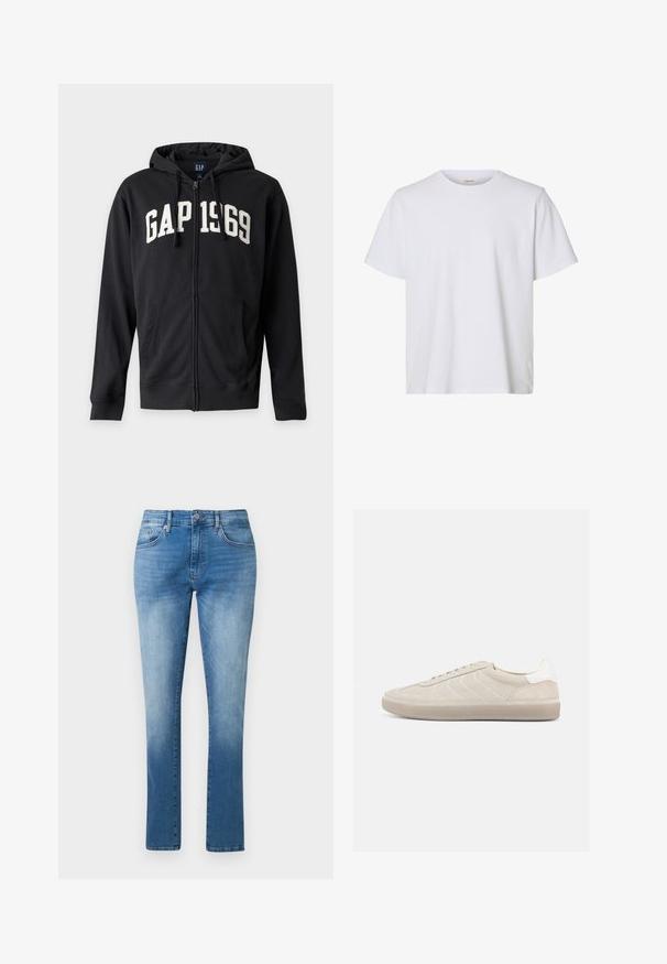 Sweat à capuche zippé noir avec capuche et poches avant, avec des lettres blanches "GAP 1969" sur la poitrine.; T-shirt blanc uni à manches courtes, col rond, coupe régulière et texture de tissu lisse, présenté sur fond blanc.; Jean bleu droit avec taille mi-haute, fermeture par bouton et zip, design classique à cinq poches.; Baskets en daim beige avec une tige texturée, un contrefort de talon blanc lisse, de fines lacets et une semelle extérieure en caoutchouc. Présente un design bas profil.