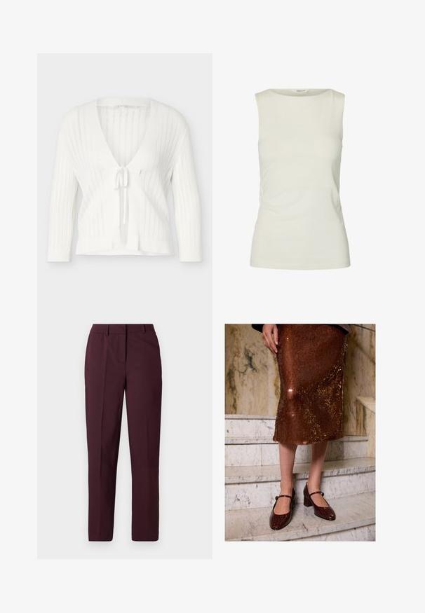 Hvid strikket cardigan med lange ærmer, lodrette hulmønstrede striber, dyb V-udskæring og bindelukning foran.; Ærmeløs, ensfarvet hvid tanktop med rund halsudskæring, lavet af glat stof, vist på hvid baggrund.; Burgunderrøde bukser med lige ben og en glat tekstur, der har en flad front og ingen synlige lommer. Skræddersyet design med en klassisk pasform.; Kvinne iført en brun paljettemidi-skjørt og mørkebrune krokodille-teksturerte Mary Jane-hæler som står på marmortrapper.